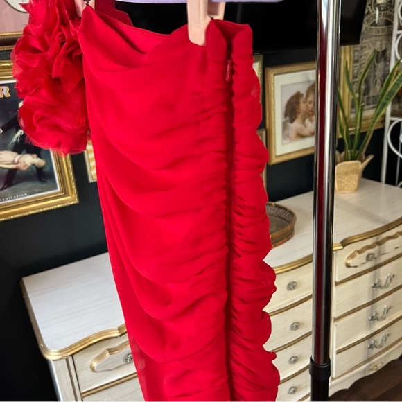 Vintage Cache Red One Shoulder Flower Mini Dress Size Small - Picture 9 of 11